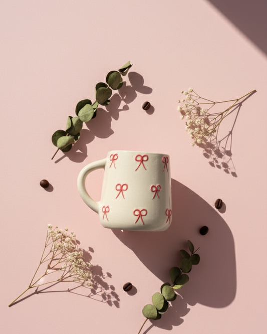 White mug with red bow design on a pink background with dried flowers